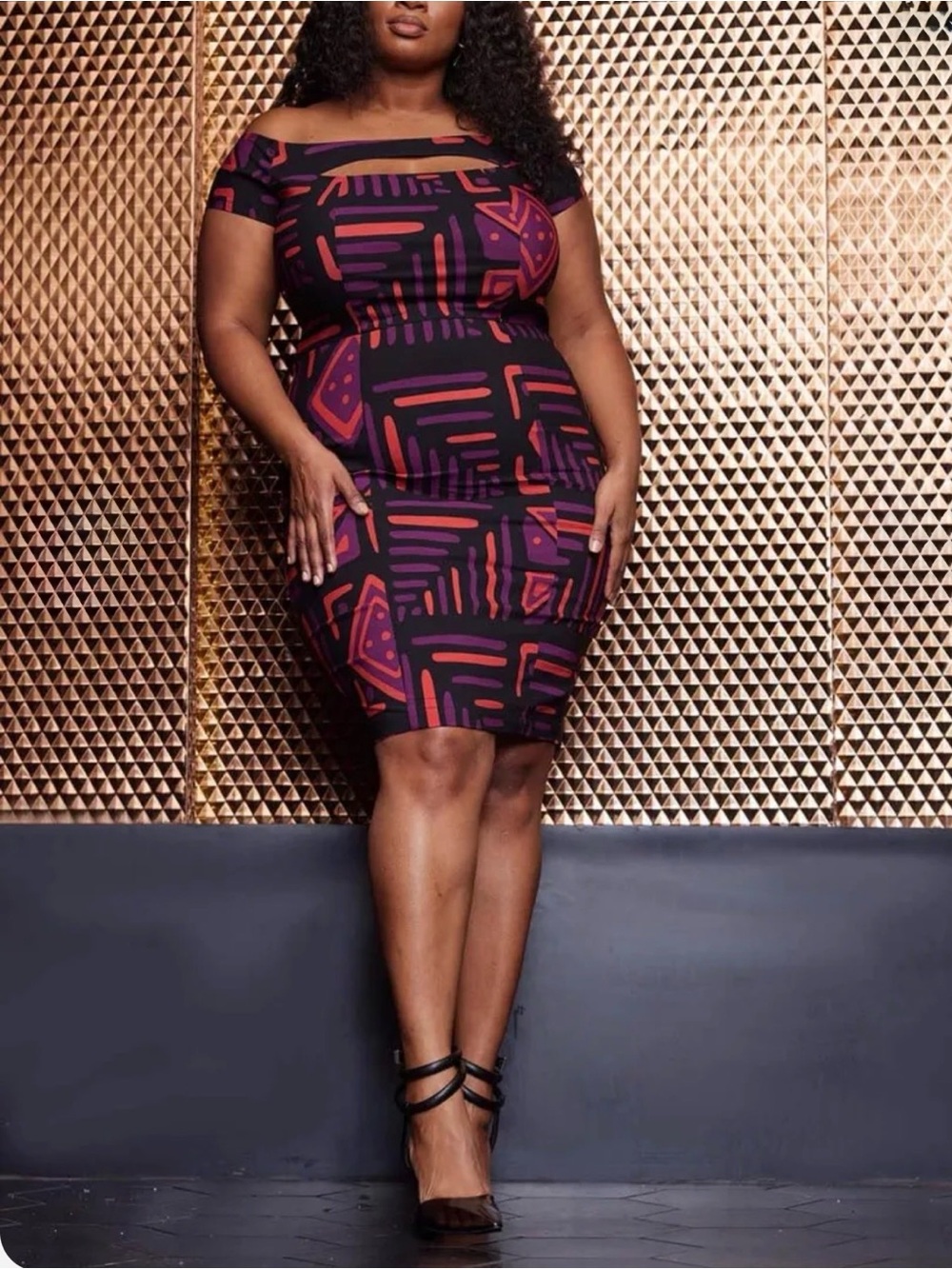 D'IYANU Women's African Print Stretch Dress Black Peach Tribal 3X